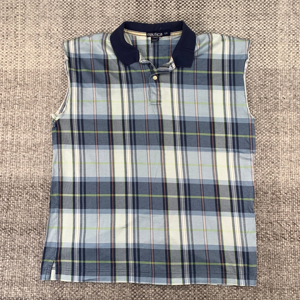 Nautica Sleeveless Polo Shirt Mens L Blue Plaid Vintage 100% Cotton Canada